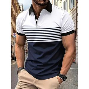 Men's T-Shirts Mens fashionable short sleeved striped printed polo shirt with Polo Mountain casual lapel Q240517