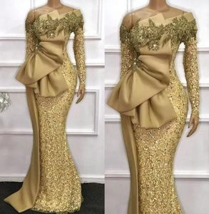 Gold African Mermaid Evening Dresses Glittering Sequined Long Sleeves Big Bow Satin Peplum Prom Party Gowns Plus Size Arabic Aso E9869076
