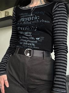 Kadın Tişörtleri 2024 Sıradan Bahar Fithed Crop Teps Siyah Uzun Kollu Mektup Baskı Kırpılmış Çizgili T-Shirt