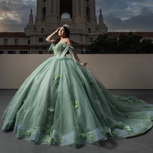 Vestido de baile verde e menta vestido de bola quinceanera 2024 Apliques clássicos Flor Flor Flors Tull Sweet 16 Corset vestidos de 15