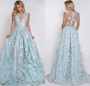 Mint Blue Sexy 3D Floral Appliqued Prom Dresses Long Deep VNeck Party Dress Floor Length Illusion Back Tulle Formal Evening Gowns4353561