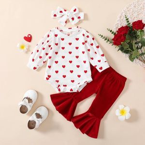 Clothing Sets 0-18M Baby Girls Autumn Outfit Long Sleeve Heart Print Romper Velvet Flared Pants Headband