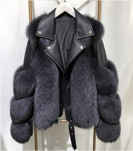 Kvinnor faux päls kappa vinter mode motocykel stil lyxläder med räv päls jackor lady trendiga ytterkläder kort bantning lapel2938815