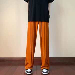 Summer thin pleated mens fashion ultra-fine wide leg mens loose and straight stockings in Korea mens Trousers S-2XL 240514