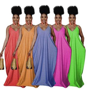 女性用のソリッドカラールーズスパゲッティストラップドレス全体の衣服2021ビンテージカシアルロングマキシドレスSundress1614209