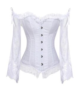 Plus Size Women Steampunk Corset Blue Sexig långärmad spetskorett Lace Up Bustiers Top Victorian Club Wedding Party Shirts2359343