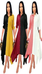 Contrast Color Patchwork Irregular Long Dress Woman Turn Down Collar Full Sleeve Shirt Dresses Office Lady Button Blouse Dress6788073