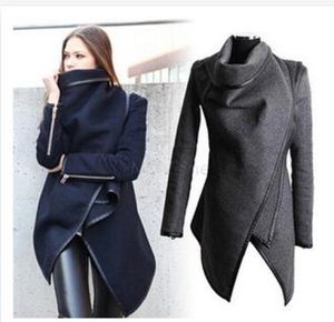 NYA Women Coat Asymmetric Pu Piping Zipper Pockets Fashion Slim Wool Trench Winter Coat Color Navy Grey Casacos Femininos SXXL3339596