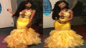 2022 Yellow African Mermaid Prom Dresses Axless Illusion Bodice Ruffles Applices Pärlor Långa formella kvällsfestklänningar7019502