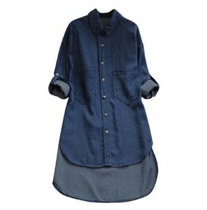 Nest Style Frauen Langhals Langarmknöpfe Down Denim Shirt Ladies Casual Solid Lose Taschen Asymmetrische lange Hemdtife Plus9367287