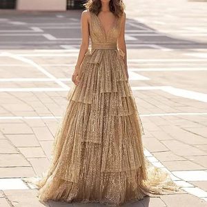Party Dresses Sparkly Long Prom For Women 2024 V-Neck Floor-Length A-Line Tiered Special Events Wedding Dance Evening Gala