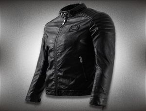 푸 가짜 가죽 코트 남자 모터 사이클 새로운 슬림 핏 후드 바이커 가죽 재킷 탑 맨 아플리케 3948922