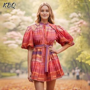 Sukienki imprezowe KBQ Formal Colorblock Printing Sukienka dla kobiet stojak kołnierz Lantern Rękaw wysoki talia