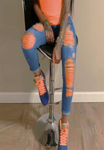 Orange Print Ripped Jeans For Women Denim Pencil Pants High Waist Skinny Boyfriend Jeans Torn Jeggings Large Size Mom 20203966896