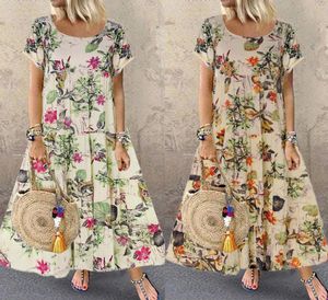 Women Casual Elegant Fashion Summer New Fashion Womens Plus Size Casual Short Sleeve Boho Retro Linen Print Long Maxi Dress Wholes1298435