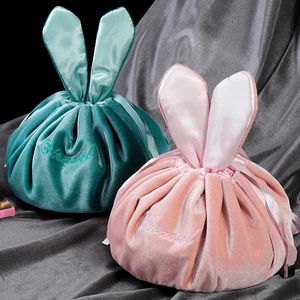 Cosmetic Bag Round Velvet Soft Makeup Drawstring Rabbit Ear Travel Make Up Organizer Female Toiletry Beauty Storage for Gift 240511