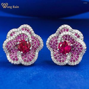 Stud Küpe Wong Rain Luxury 925 STER Silver Flower Round Cut 5mm Ruby Yüksek Karbonlu Elmas Taş Kulak Saplamaları Kadın Mücevherleri