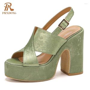 Отсти, обувь Prxdong in infalles Summer Women Women Sandals Cunky High Heels Platform Green Silver Warder Wedding Lady Размер 34-39