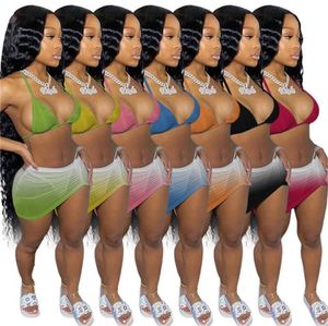 Women Bikini 3 -teiliges Set sexy Badeanzug Halfter Brabikini Bottommini Röcke Sommerkleidung Mode Gardient Badeanzug XSXL 463419337