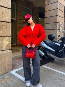 Jackets femininas Mulheres elegantes Mulheres sólidas Red V pescoço Batwing Mangas compridas Casaco cultivado 2024 Jaqueta de peito único de moda Chic Lady High Street