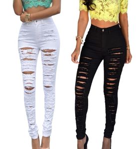 Sexy Women Destroyed Ripped Denim Jeans Skinny Hole Pants High Waist Stretch Jeans Slim Pencil Trousers Black White Blue6862214