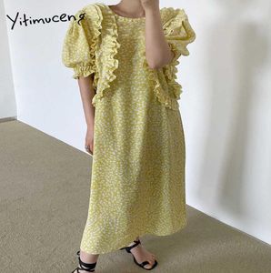 Yitimuceng Floral Print Dresses For Women Summer Korean Fashion Boho Long Dress Puff Sleeve Edible Tree Fungus Yellow Black 2106013618756