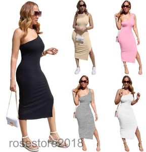 Kvinnor Casual Dresses 2021 Summer New Designer Style Women039s Solid Color Sexig One Shoulder Strap Split Dress Fashion Temperame9506755