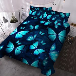 寝具セット3PC光るグリッターブルー蝶羽毛布団カバーセット可逆的な柔らかい掛け布団とマッチングピローケース