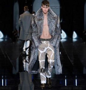 Ciepły sztuczny srebrny lis futra płaszcza męska skórzana kurtka Mężczyźni długi płaszcz z koszykiem kołnierzykiem Zima luźna termiczna Anglia Zwiedź 3581469