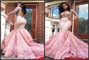 New Glittering Pink Backless Mermaid Prom Dresses With Beading Rose Flowers Keyhole Back Sexy Evening Gowns Formal Party Dresses S7507565