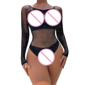 Kvinnors badkläder Kvinnor Summer Sexig kropp passar Rhinestone långärmad fisknät transparent bodysuit baddie kläder kvinnlig glänsande diamant