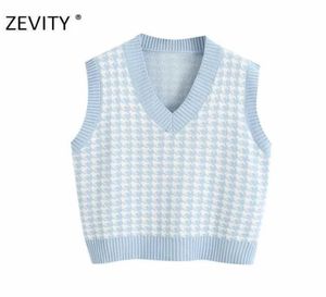 Zevity New Women Fashion V Neck Houndstooth Plaid Patchwork Vest Jacket Office Ladies Sleeveless Casual Slim Waistcoat Tops S378 22999570