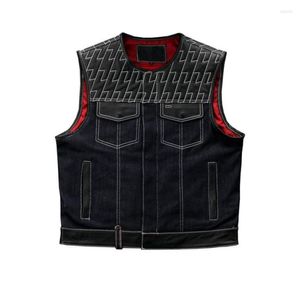 Men039s Vests SOA Men39s Leather And Denim Motorcycle Biker Vest Genuine Cowhide Sleeveless Jackets Embroidery Punk Rock Wai8593368