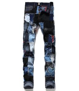 Unikalne patchwork męskie Risted dżinsy Moda splicowana prosta noga szczuplone kolorowe spodnie dżinsowe spodnie streetwearne dla mężczyzn 2485316567