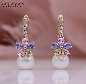 Pataya nowe białe skorupę Perły Kolczyki 585 Rose Gold Water Water Drop Natural Zircon Kobiet Wedding Mash