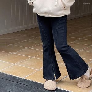 Hosenmädchen Hosen Fleece Split Denim Bellboot 2024 Herbst und Winter Kindermodische Mode verdickte Mikro kausale lange