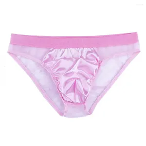 Majaki Sissy Metties Men 2024 Mesh Satin Pink Briefs Seksowna perspektywa oddychająca w talii Bikini Convex torebka