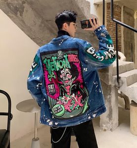 YASUGUOJI Men Streetwear Graffiti Appliques Printed Jeans Jacket Hipster Holes Loose Hip Hop Motorcycle Casual Denim Jackets5207911