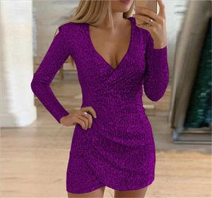 New European and American autumn sexy vneck dress with irregular sequins on the hips for women6767719