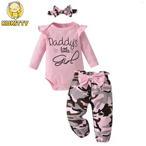 衣料品セットファッション幼児の女の子の赤ちゃん3PCSレタープリントボディスーツトップカモフラージロングパンツヘッドバンド生まれた衣装