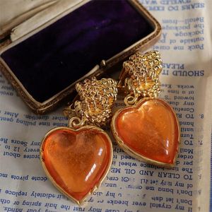 Backs Ohrringe Court Vintage Orange Color Jelly Glass Love Heart Pendant Girls Sommer Ohrklammern