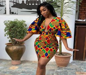African Dresses for Women Fashion Summer Deep Vneck Party African Short Sleeve Printing Dress Dashiki Robe Africa Clothes9382094