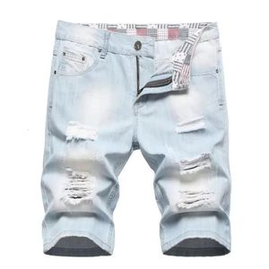 Män ljusblå hål denim shorts sommar jeans shorts hög kvalitet man bomull rak passform kort jeans knä längd jeans storlek 42 240507