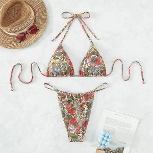 Women's Swimwear Bikini Set Sexy Floral Print Micro Thong String Halter Women Mini Swimsuits Bathing Suit Biquinis Triangle