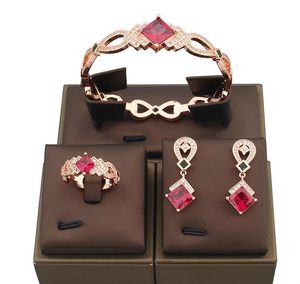 European And American Exaggerated Set Of Ruby Bracelets Rings Earrings Set For Women's Trendy Palace Style Designer Jewelry