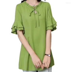 Women's Polos Summer Chiffon Shirt Short Sleeve Casual Loose Top Long Lace Up Ruffle Edge Clothing Yellow Trend