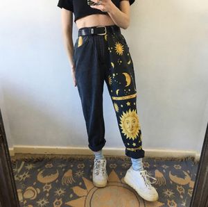 Duuti Vintage High talia proste dżinsowe spodnie dla kobiet Sun Moon Stars Drukuj streetwear luźne dżinsy dżinsy 2010298920600