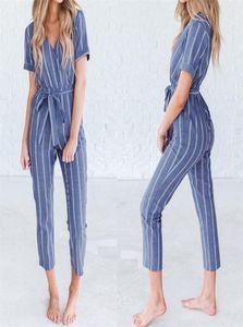 Zanzea Women Casual Rompers Belt Pas Paski Striped Jumpsuits żeński v szyja zabawy spodni eleganckie prace kombinezkowe plus rozmiar pantalon J15353120