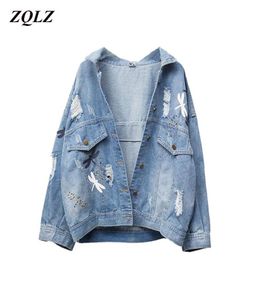 ZQLZ Plus Size 5XL Autumn Denim Jacket Women 2020 New Embroidery Pattern LapelルーズジーンズコートThin Spring Jackets Womens7372067