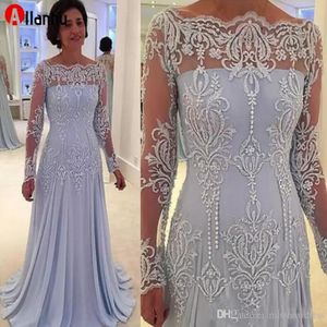 Nya 2022 Elegant Scoop A-Line Chiffon Mothers Dresses Pearls Beads Lace Appliques Illusion Long Sleeves Mother of the Bride Dresses Eve 257p